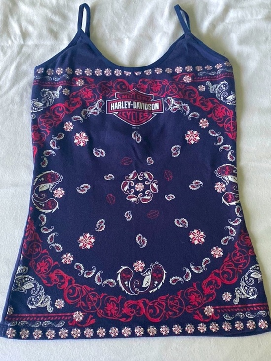 Harley-Davidson Tops - Harley-Davidson Navy Paisley Print Bandana Spaghetti Strap Tank Built in Bra